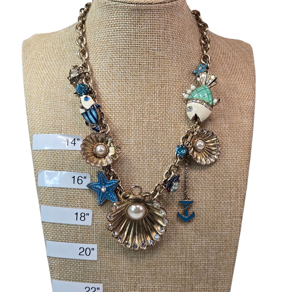 Betsey Johnson Necklace Women's Goldtone Blue Nautical Charm Fish Pearls Chunky